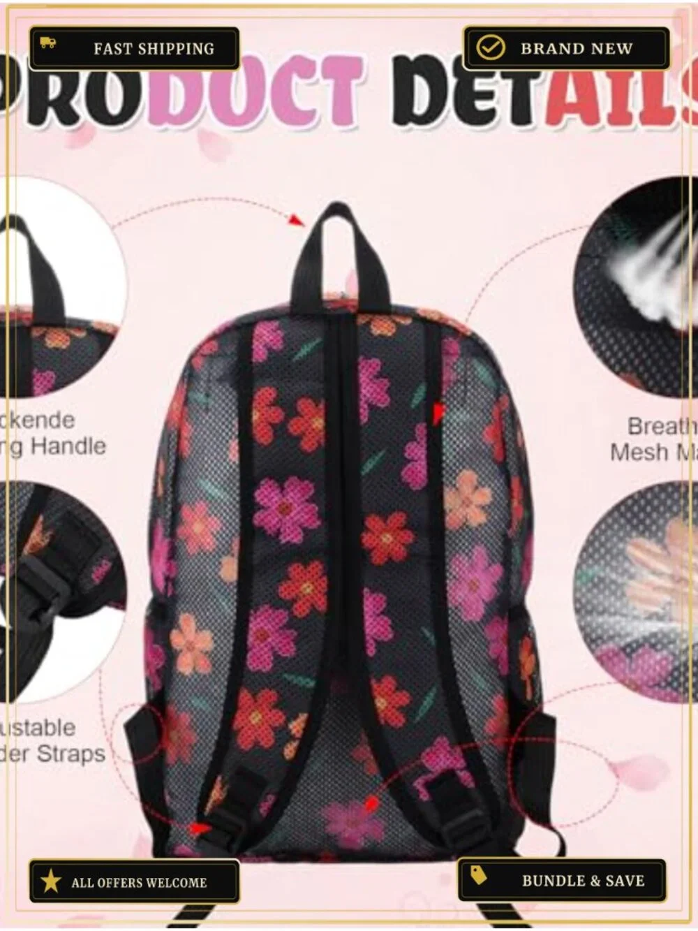 Mesh Backpack Set with Lunch Bag Pencil Case, 3 Piece, Polyester, Travel Beach